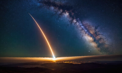 Rocket spaceship shuttle launch with bright space nebula sky with bright rocket trail of fire and smoke