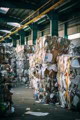 Recycling facility with bales of compressed waste Generative AI image