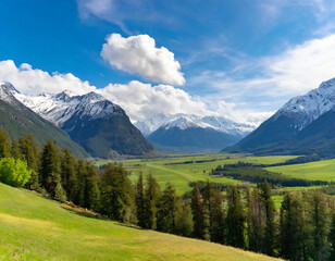 Naklejka premium verdant valley brims with towering trees and snow-capped mountains far off Scattered clouds dapple the azure sky overhead
