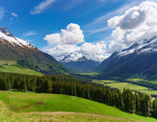 Fototapeta premium verdant valley brims with towering trees and snow-capped mountains far off Scattered clouds dapple the azure sky overhead