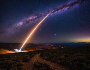 Rocket spaceship shuttle launch with bright space nebula sky with bright rocket trail of fire and smoke