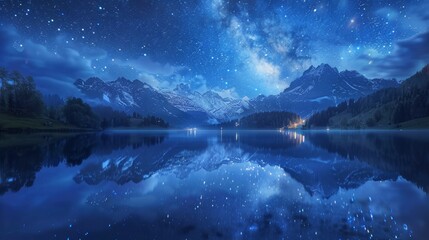 Stunning starlit night sky beautifully mirrored in tranquil lake waters - obrazy, fototapety, plakaty