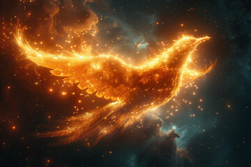 A phoenix-shaped constellation shining brightly in the night sky, inspiring awe and wonder as it...