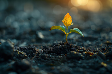 A seedling pushing through the soil towards the sunlight, representing growth and resilience in the face of adversity. Concept of growth and perseverance. Generative Ai. - obrazy, fototapety, plakaty