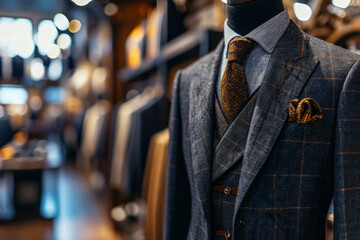 Generative AI illustration of close up of an elegant men tailored suit with a checkered pattern displayed on a mannequin in a luxury clothing store - obrazy, fototapety, plakaty