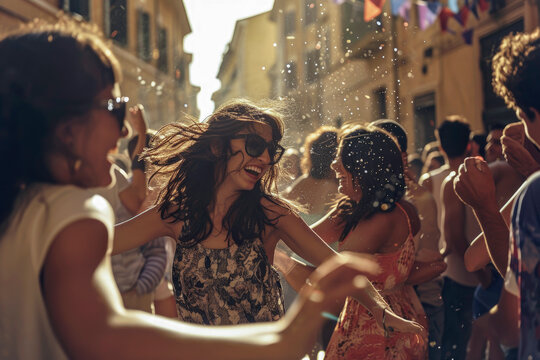 Joyful street festival with dancing and confetti Generative AI image