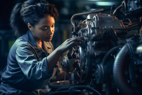 Fototapeta Female mechanic working on engine in a workshop Generative AI image
