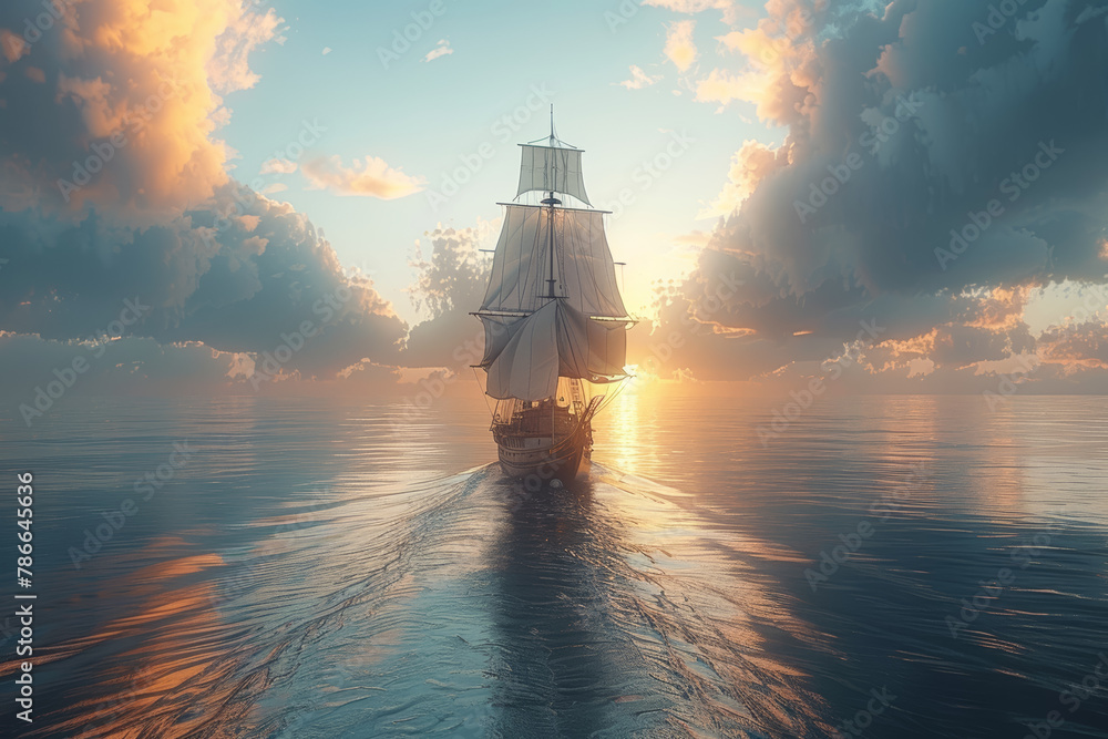 Poster a ship sailing towards the horizon, symbolizing adventure and exploration as it embarks on a journey