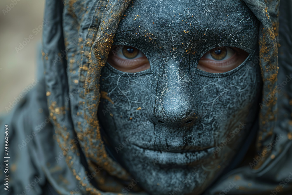 Poster a mask worn by a performer on stage, concealing their true identity and allowing them to embody diff