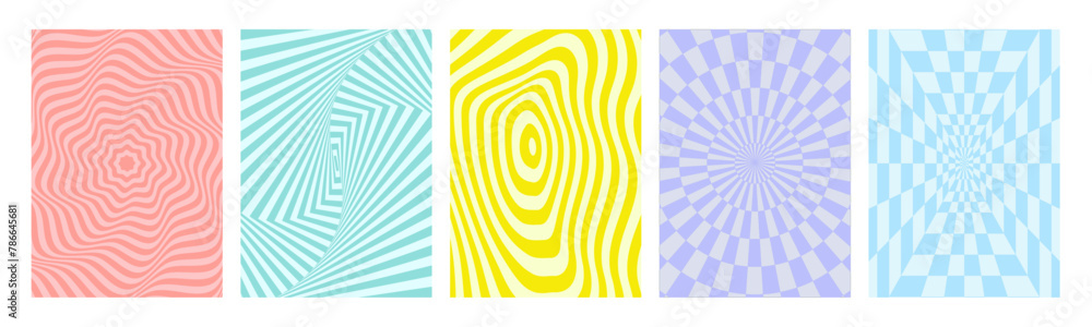 Fototapete groovy hippie 70s backgrounds set. checkerboard, chessboard, mesh, waves, swirl, twirl pattern. twis