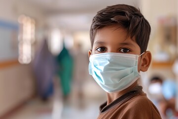 Fototapeta na wymiar Indian boy wearing a medical mask, looking at the camera in a hospital corridor with blurred doctors in the background. Close up portrait of a child patient with a face covering for protection