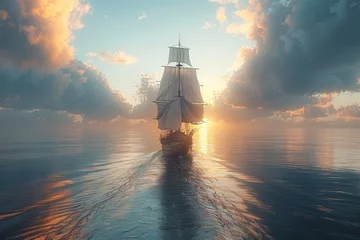 Outdoor kussens A ship sailing towards the horizon, symbolizing adventure and exploration as it embarks on a journey into the unknown. Concept of exploration and adventure. Generative Ai. © Sebastian