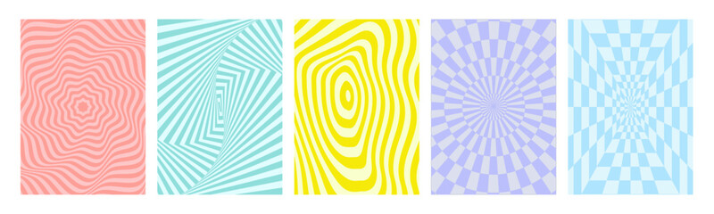Groovy hippie 70s backgrounds set. Checkerboard, chessboard, mesh, waves, swirl, twirl pattern. Twisted and distorted vector texture in trendy retro psychedelic style.