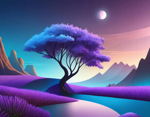 3D blue and purple landscape with a tree and a flower