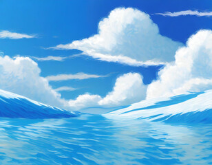 3D blue fluffy landscape with white clouds in the sky and blue water in the foreground
