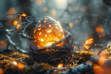 A phoenix egg nestled in a nest of twigs and feathers, waiting to hatch and unleash the power of rebirth and renewal. Concept of potential and transformation. Generative Ai. - obrazy, fototapety, plakaty