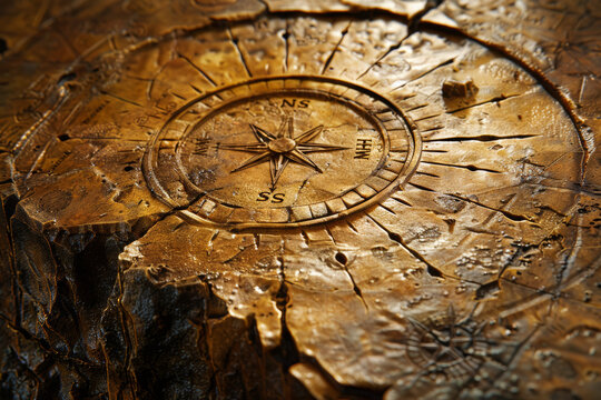 A compass rose etched into the surface of an ancient map, guiding travelers on their quest for discovery and adventure. Concept of exploration and navigation. Generative Ai.