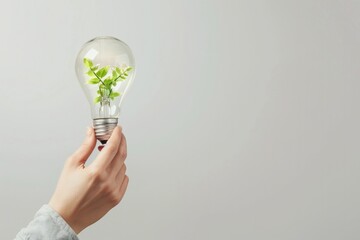 Hand holding a light bulb with a green plant inside, concept of environmental preservation, sustainability. - obrazy, fototapety, plakaty