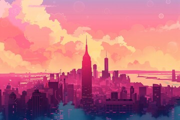 New York City skyline at sunset, with buildings in shades of pink and red, in the style of illustration, vector art style, flat design style, detailed background elements, colorful clouds in the sky