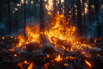The crackling flames of a bonfire dancing in the night, casting flickering shadows on the surrounding trees. Concept of warmth and illumination. Generative Ai.
