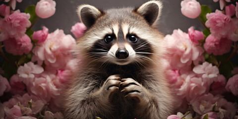 Portrait of a raccoon with folded paws on a pink flowers background.