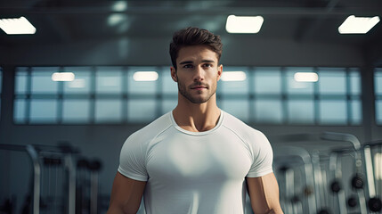 A young muscular man in a white T-shirt is standing in the gym.