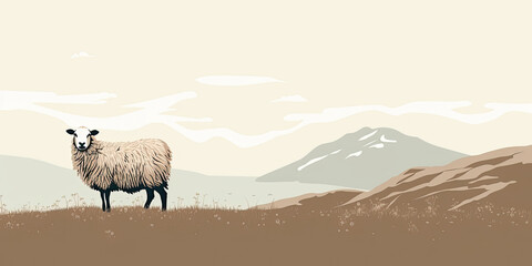 A simple sketch of a shaggy sheep in a highland pasture in a light beige color. Minimalistic illustration of snowy mountains in sepia tone. - obrazy, fototapety, plakaty