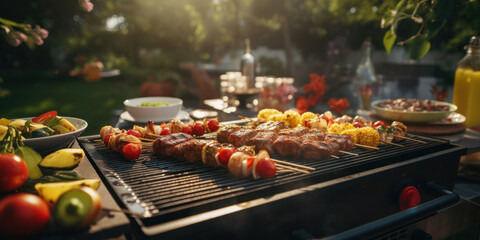 Meat and vegetables on wooden skewers are fried on a barbecue grill. Backyard home party or outdoor...