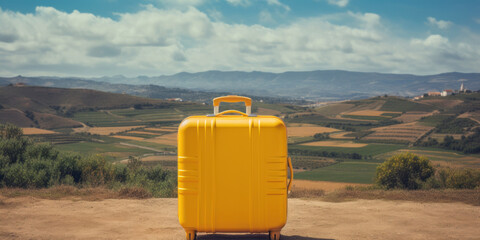 Yellow travel suitcase on the edge of the road with a rural landscape. Gardens and vineyards in the background. Agritourism concept.