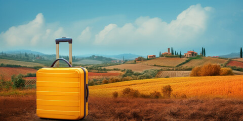 Yellow travel suitcase on the hills with a rural Mediterranean landscape. Gardens and vineyards in...