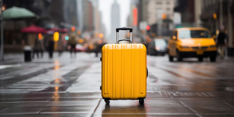 Yellow travel suitcase on a rainy city street. Business work trips.