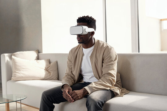 Black man immersed in VR experience at home. Generative AI image