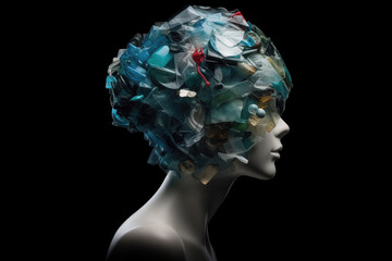 Creative recycling concept with mannequin head and plastic. Generative AI image