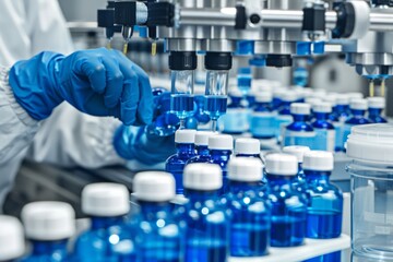 Photo of a closeup shot showing the hands and gloves of an urban laboratory worker working with blue bottles, creating cosmetics in the style of a modern laboratory worker in front of machines - obrazy, fototapety, plakaty