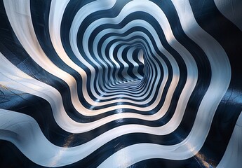 An optical illusion with abstract wavy lines in a black and white color scheme creating a hypnotic tunnel effect