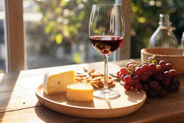 Generative AI illustration of inviting glass of red wine with a cheese platter grapes and crackers on a wooden board illuminated by soft natural light - Powered by Adobe