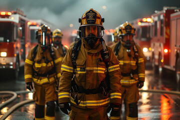 Generative AI illustration of confident firefighter in full gear with SCBA mask leading a team against a backdrop of active fire trucks and smoke - obrazy, fototapety, plakaty