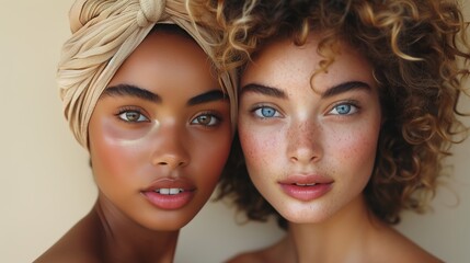 Fototapeta premium Fashion and beauty portrait of two Caucasian and African top model women posing together on a beige background