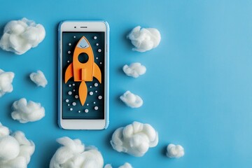 Colorful rocket, chat bubble and cell phone, startup, communication and technology concept.