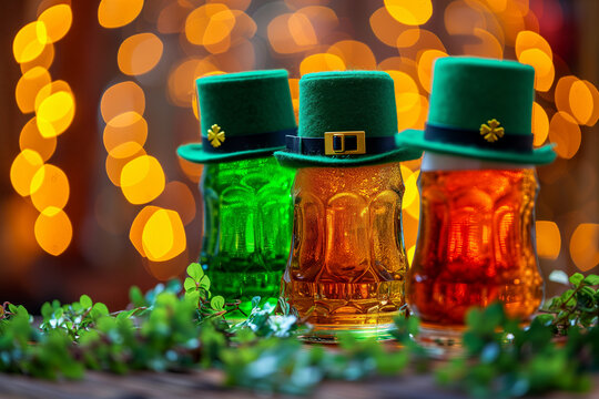 Festive St Patrick's Day glassware with green leprechaun hats Generative AI image