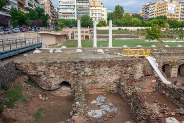 Ruins of ancient Roman-era Forum in Thessaloniki city, Greece