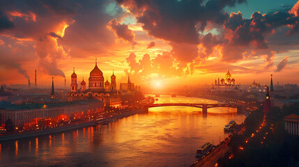 Naklejka premium Cinematic Cityscape at Dusk, Urban Fantasy and Dusk Light Style, Storybook Cities Concept, ideal for posters, banners, and advertising backdrops