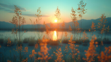 Golden Sunset Through Reeds, Peaceful Twilight and Golden Hour Style, Nature's Serenity Concept, suitable for wallpaper, textile, and menu designs