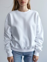 Female blonde girl in a white sweatshirt for mock up on a gray background