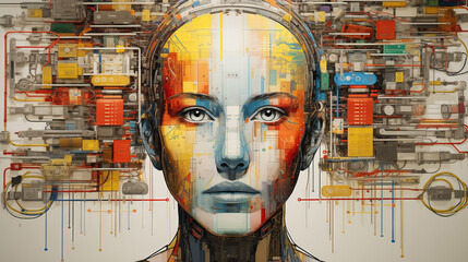 Generative AI illustration of futuristic digital painting of a female figure with a visible mechanical brain structure overlaid on her head, featuring vivid colors and abstract elements