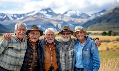Group of retired, positive old people posing on the background of mountains on a trip