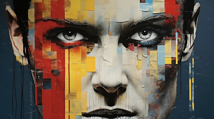 Generative AI illustration of striking mural of a fragmented male face with abstract geometric patterns in a bold color palette