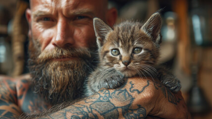 Man Holds an Adorable Kitten in His Arms - obrazy, fototapety, plakaty
