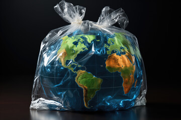 Earth enveloped in plastic depicting environmental concern. Generative AI image