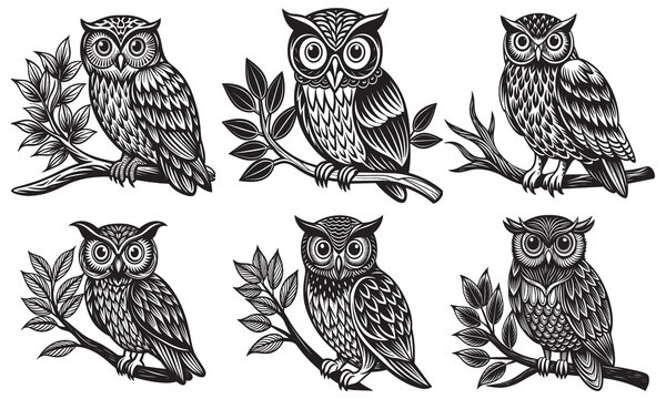 Set of black and white color linocut silhouette vector illustration clip art of owl sitting on a tree branch and watching isolated on a white background